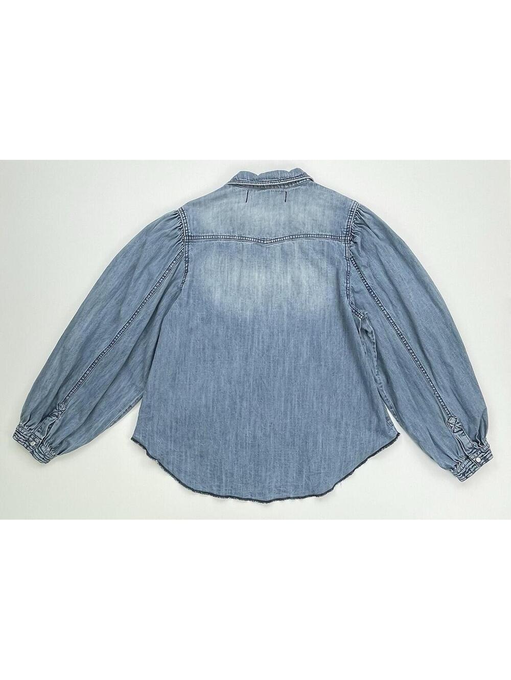 We The Free People With Love Denim Pearl Snap Balloon Sleeve Shirt Large Boho - Picture 3 of 8